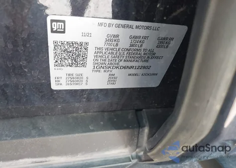 2022 Chevrolet Suburban 4Wd Z71 из США, поврежденный, VIN 1GNSKDKD6NR122902